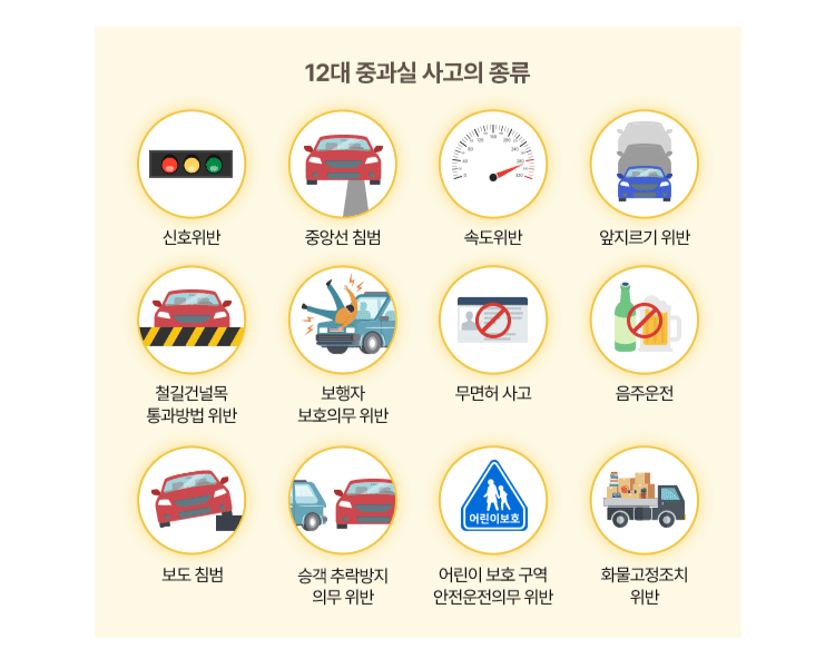 12대 중과실 사고의 종류[신호위반, 중앙선침범, 속도위반, 앞지르기 위반, 철길건널목 통과방법 위반, 보행자 보호의무 위반, 무면허사고, 음주운전, 보도 침범, 승객 추락방지 의무 위반, 어린이 보호 구역 안전운전의무 위반, 화물고정장치 위반]