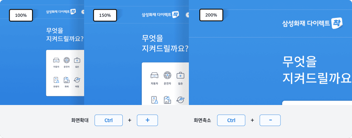 홈페이지 화면 확대/축소 기능 제공 예시 - 화면확대 :컨트롤키를 누른채로 더하기 또는 빼기키로 화면 확대 및 축소